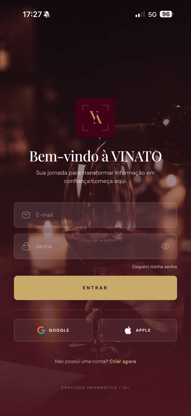 Tela do aplicativo VINATO: Login